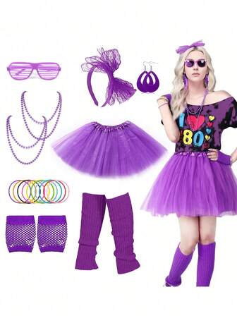 Forever & Moment Ett set med 80-tals damkläder och accessoarer, tutu-kjol, neonfärgade party- och varma ben, neonfärgade halsband, örhängen, pannband, fisknätshandskar, klädaccessoarer, uppgraderad kjol, passar vuxenstorlekar