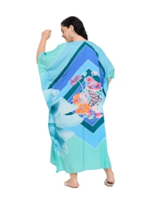Gypsie Blu Floral Women Plus Size Kaftan Long Dress Beach Coverup Loungewear Housdress - 天藍色 - 查看 5