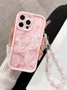 1 pieza Funda de teléfono de TPU a prueba de golpes con diseño de lazo rosa de alta gama y cordón con lazo, adecuado como regalo festivo compatible con Apple Xs/Xsmax/Xr/11/12/13/14/14plus/15/15plus/16/16plus/7/8plus y otros modelos, resistente al agua, a caídas y a arañazos