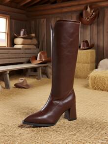 1 Paar Damen Kniehohe Stiefel | Retro Zerknittert Echtes Leder | Spitzer Zehenbereich Block Absatz Mit Seitlichem Reißverschluss | Herbst & Winter Mode Stil | Geeignet Für Büro, Pendeln & Party Anlässe | Rutschfeste Gummisohle