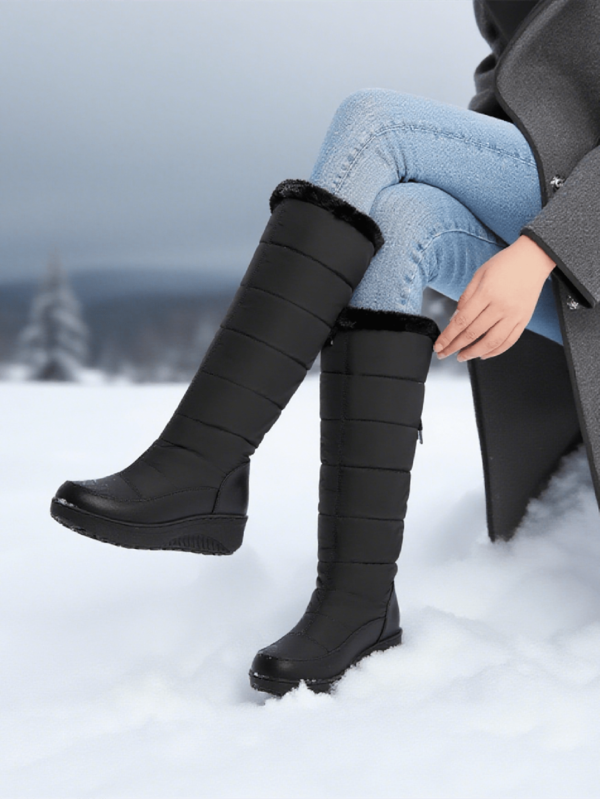 1 Pair Women's Solid Color Casual Synthetic Fiber Fuzzy Trim Thermal Lined Waterproof Down Boots, Mid-Calf Boots For Outdoor, Office, Autumn/Winter, Warm Lining