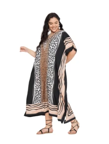 Gypsie Blu Animal Kaftan Dress Plus Size Beach Cover Up Vacation Elegant Caftan For Ladies - 米色 & 黑色 - 查看 3