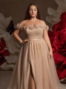 VIPGIRL Vestido de noche elegante de diseño de alta gama con hombros descubiertos, malla y estampado floral para tallas grandes