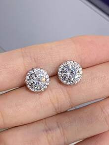 Cubic Zirconia Decor Stud Earrings - Silver - View 7