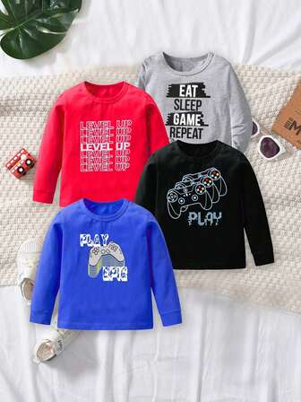 4pcs/Set Kids Gamer Graphic Long Sleeve T-Shirts, Boys Casual Autumn Tops