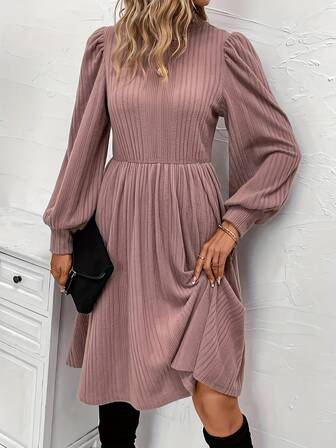 Elegant Plus Size Knitted High Neck Bishop Long Sleeve Knee Length Dress For Women