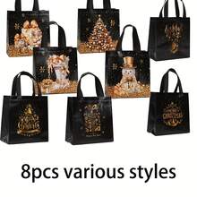 16pcs Elegant Black Christmas Gift Bags With Sturdy Handles - Luxury Golden Foil Holiday Designs (Trees, Presents, Snowflakes) - Non-Woven Fabric Bags For Xmas, New Year's, Parties, Wedding Favors - Elegant Holiday Packaging For Gifts & Decorations, Gift Bags Christmas, Party Favor Bags, Durable Festive Bags(1/8/16pcs)