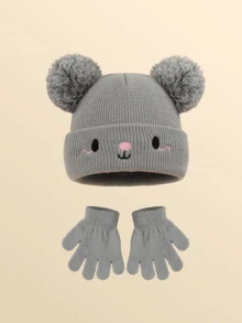 6pcs/2pcs Baby Cute Expression Pom Pom Knit Hat & Knit Fingerless Gloves Set, Boys Girls Winter Warm Cold-Proof Outfit, Suitable For Autumn/Winter Outdoor Fashion Matching, Great As Gift - Multicolor - View 4