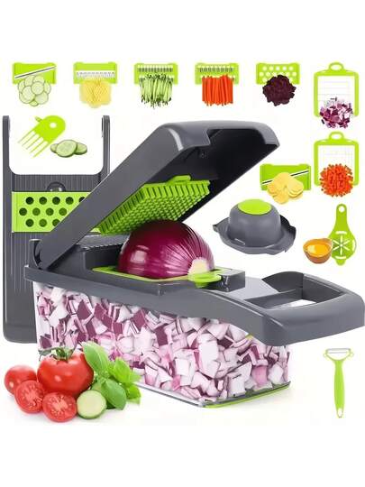 Cortador de Verduras Multifuncional Picador Manual para Cocina 16 piezas en 1. Incluye Base de 1.2 litros, 6 Cuchillas Versátiles, Herramientas de y Limpieza, así como un Pelador