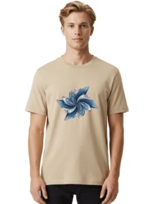 Blue-Flower Men's Graphic Tee, 100% Cotton, Comfortable Casual Summer Wear, Machine Washable, Travel Clothes, Blue Flower Petals, Digital Illustration, Shiny Effect, Pearl Accents, Floral Design, Abstract Art, Gemstone-Inspired, Blue And White Hues, Elegant GraphicsClothing Salesgraphic T-Shirt, Custom T-Shirt, Funny T-Shirt, Men's T-Shirt, Top, Crew Neck - BAG193 - Beige - View 2