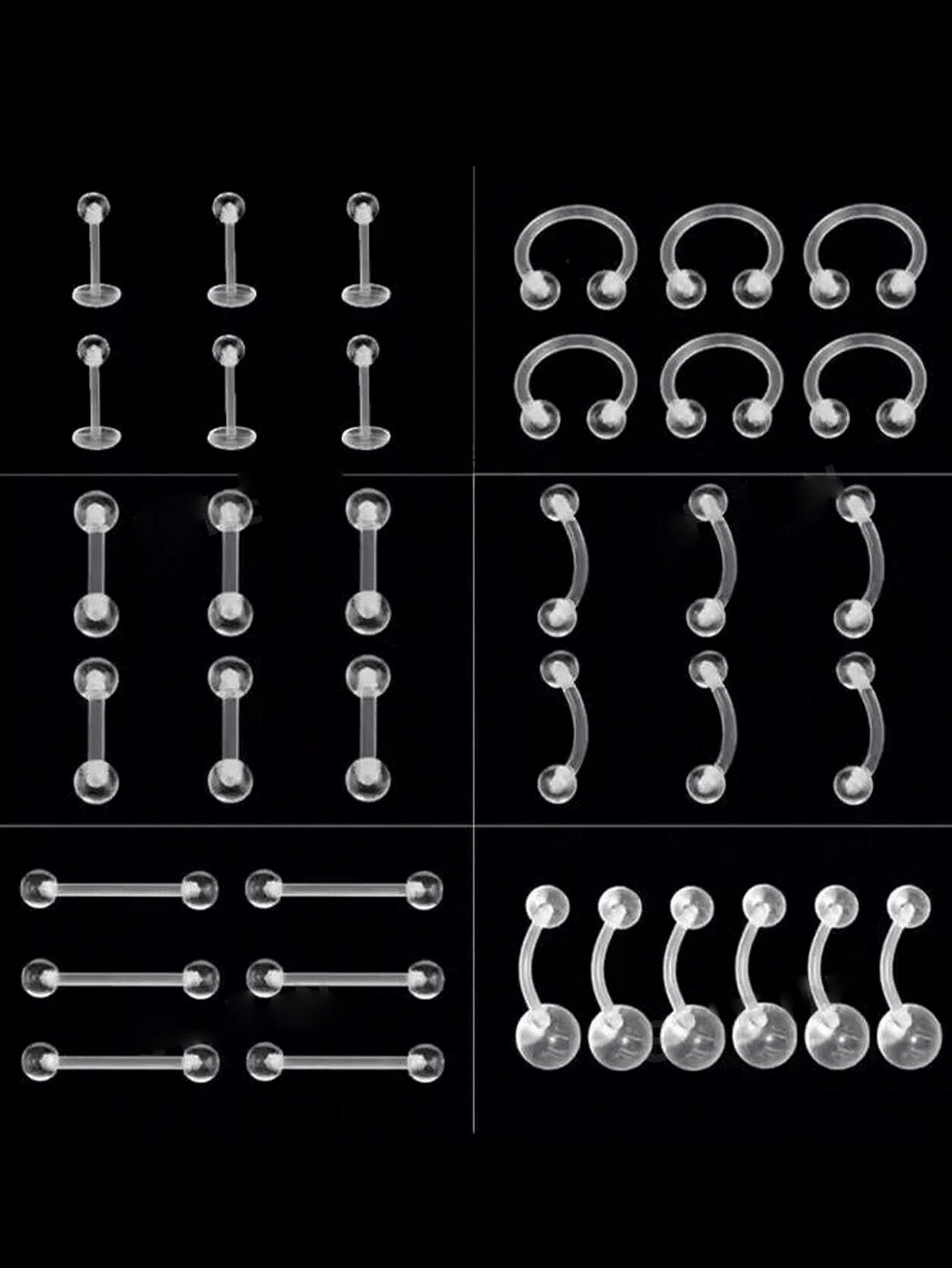 36 قطعة من الحلقات الشفافة؛ حلقات الأنف البيوبلاستيكية؛ حلقات السرة؛ حلقات الحاجز الأنفي؛ حلقات الحاجب؛ حلقات الشفة؛ حلقات شحمة الأذن؛ قضبان الصناعية المثقوبة من البلاستيك، للعمل والمدرسة - شفاف - مشاهدة 1