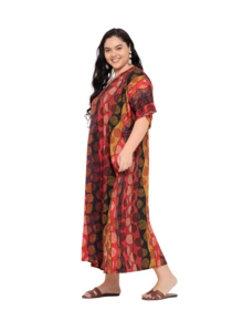 Gypsie Blu Geometric Women Kaftan Dress Curve Housedress Loungwear Beach Swimsuit Cover Up - 紅&黑 - 查看 3