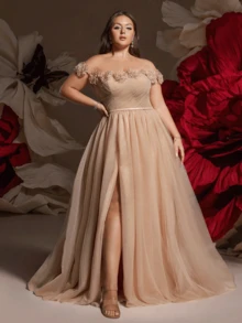 VIPGIRL Vestido de noche elegante de diseño de alta gama con hombros descubiertos, malla y estampado floral para tallas grandes