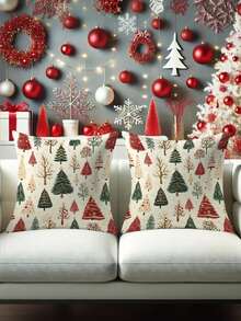 1/2/4Pcs Contemporary Polyester Christmas Tree Pillow Covers, Soft Festive Red And Green Design, Machine Washable With Zipper Closure, Perfect For Living Room, Bedroom Sofa, Holiday Decor,17.7x17.7inch