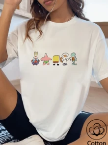 SpongeBob SquarePants 2026 女士棉质触感短袖圆领T恤！休闲白色针织短袖圆领T恤，饰有趣味图案，非常适合度假、派对、Y2K、卡通和字母印花。 - 白色 - 查看 2