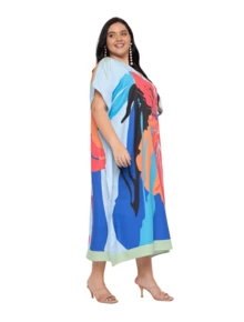 Gypsie Blu Abstract Plus Size Women Kaftan Dress Long Caftan Maxi Dress Beach Coverup Outfit - 橙色和藍色 - 查看 2