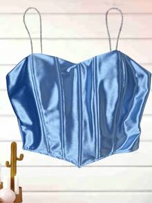 Cropped Corset Rhinestone Straps With Satin Shine With Padded Bra/Boning Stylish Women's Tops - Màu xanh nhạt - Xem 1