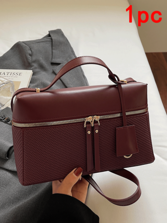 1pc, Versatile, Fashionable, Highly Attractively, Niche Design, Simple Shoulder Crossbody Bag, Solid Color Pu Fabric, Same Color Hanging Hardware Accessories, Multi-Color Optional Box-Shaped Bag, Suitable For Women's Daily Commuting And Going Out Shopping And Play Occasions