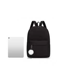 This 2-Piece Set Is A Customizable Back-To-School Gift Set, Including A Backpack (With White Fluffy Pom-Pom Decor) And A Tote Bag, As Well As An Insulated Lunch Box Bag And A Portable Aluminum Foil Cooler Bag, Printed With A Cute Cartoon Zipper Bear Pattern. - Black - View 9