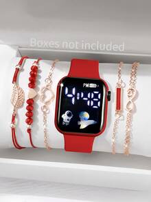 6 Stück/Set 1 Stück neue LED Digital Anzeige Quadratische Elektronische Uhr + 5/4 Stück Armband Schwarzes Seil Schwarze Perle Liebe Ziffer 8 Blatt Armband Vintage Stil Schwarzes Geometrisches Quadrat 5 Stück Armband Horoskop, Liebe, Geometrisches Quadrat, Blatt Armband Die beste Wahl für Halloween, Weihnachten, Valentinstag, Muttertag, Feiertagsgeschenke