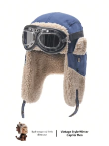 1pc Men's Goggles & Earflap Hat, Thick Windproof Outdoor Ski Hat, Warm Versatile Cold Weather Cap, Loose Fit