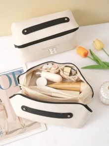 1pc High Quality PU Cosmetic Bag Travel Bag With Letters Cosmetic Storage Bag, Large Capacity Women's Handbag, Portable Travel Storage Bag, Multifunctional Waterproof Bag, Cosmetic Storage Bag, Travel Accessories, Travel Essentials, Cruise Essentials, Jewelry Storage, Lip Oil Storage, Nail Polish Storage, Valentine's Day Gifts, Bridesmaid Gifts, Birthday Gifts, Friends And Teacher Gifts, Holiday Gifts, Mother's Gifts, Women's Gifts