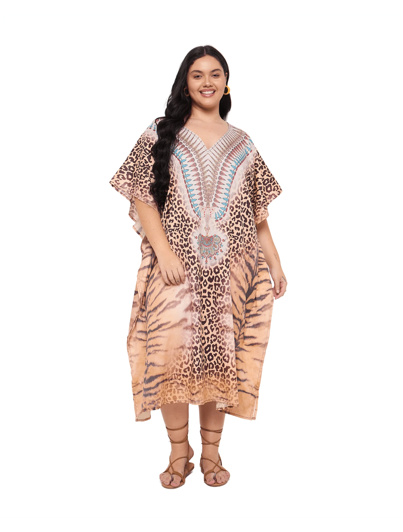 Gypsie Blu Kaftan Dress For Plus Size Women Loungewear Nightdress Summer Night Gown Maxi Length Caftan - 米色 - 查看 1