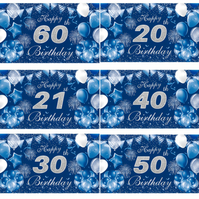 1件经典海军蓝生日背景横幅，涤纶材质，适用于20岁、21岁、30岁、40岁、50岁、60岁生日派对装饰，也可作为摄影棚背景、周年纪念、单身派对、户外聚会使用，适合室内外装饰，也可作为户外花园横幅使用。