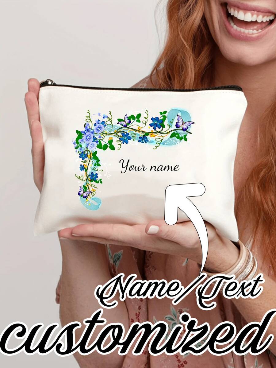 复古花卉化妆包 - 拉链化妆品收纳包，轻便多功能洗漱包，便携式化妆袋，送给妈妈、姐妹、女孩和侄女的完美礼物，适合度假、海滩、浴室、卧室使用，大容量，情人节、圣诞节、万圣节礼物，一体式设计，可定制姓名 - 米色 - 查看 1