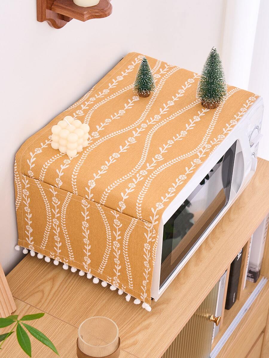 1pc Harvest Festival Style Orange Microwave Oven Cover, Small Tablecloth, Orange Floral Line Pattern Oven Cover Decor, Rectangular Bedside Cabinet Cover, Dual Pocket Fabric Cover - Black - View 1