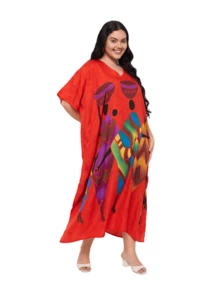 Gypsie Blu Women Plus Size Kaftan Loungewear Housedress Beach Caftan Cover Up Long Maxi Dress - 紅色 - 查看 2
