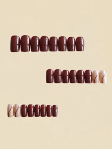 Unhas de Comprimento Médio Formato Quadrado Europeu, Arte de Unhas da Moda para Ano Novo, Primavera e Verão, Adesivos de Arte de Unhas em Cor Sólida Vermelha e Listrada, 24 Adesivos de Unhas Destacáveis, Belos Adesivos de Unhas Postiças, Adesivos de Unhas para Colar, Unhas Quadradas para Colar