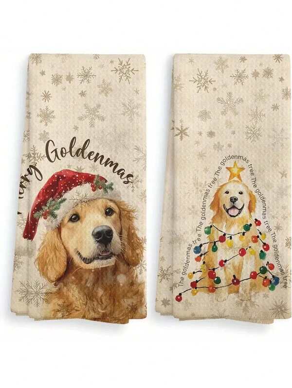 2/4pcs Golden Retriever Christmas Kitchen Towels - 15.7x23.6inch,Ultra Soft, Machine Washable Polyester Tea Towels With Vintage Snowflake Design - Perfect For Bathroom & Dining Decor