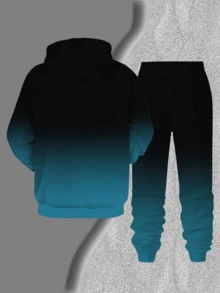 [2-Piece Set] Lightweight Polyester Men's Casual Sports Hooded Sweatshirt Set(Runs Small, Please Refer To Size Chart), Long-Sleeved Hooded Sweatshirt With Drawstring Trousers, Jogging Suit, Overall Black And Blue Gradient Color Matching, Paris Letter Print Design, Regular Version, Knitted Fabric, Suitable For Outdoor, Daily Life, And Gym(Minor Imperfections May Occur | Photo For Compensation) - 彩色 - 查看 3