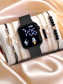 6 Stück/Set 1 Stück neue LED Digital Anzeige Quadratische Elektronische Uhr + 5/4 Stück Armband Schwarzes Seil Schwarze Perle Liebe Ziffer 8 Blatt Armband Vintage Stil Schwarzes Geometrisches Quadrat 5 Stück Armband Horoskop, Liebe, Geometrisches Quadrat, Blatt Armband Die beste Wahl für Halloween, Weihnachten, Valentinstag, Muttertag, Feiertagsgeschenke