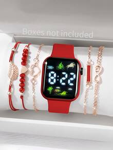 6 Stück/Set 1 Stück neue LED Digital Anzeige Quadratische Elektronische Uhr + 5/4 Stück Armband Schwarzes Seil Schwarze Perle Liebe Ziffer 8 Blatt Armband Vintage Stil Schwarzes Geometrisches Quadrat 5 Stück Armband Horoskop, Liebe, Geometrisches Quadrat, Blatt Armband Die beste Wahl für Halloween, Weihnachten, Valentinstag, Muttertag, Feiertagsgeschenke