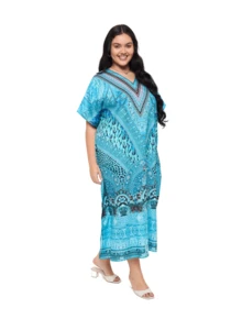 Gypsie Blu Women Kaftan Dress Plus Size Beach Coverup Loungewear Nightdress Summer Night Gown Maxi Length Caftan - 薄荷藍 - 查看 2