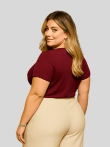PLUS SIZE PLAIN BLOUSE CASUAL MODERN BASIC CURRENT CONTEMPORARY VISCOLYCRA DAILY WORK - Burgundy - View 2