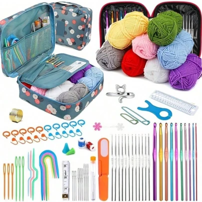 Komplett virkkit, inkluderar ergonomiskt virknålset, garn och tillbehör - Lämplig för nybörjare och stickentusiaster, garnset för alla säsonger (alla produktfärger/förpackning slumpmässigt)