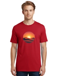 Camiseta gráfica para hombre "Atardecer en el desierto-2", 100% algodón, ropa casual cómoda de verano, lavable a máquina, ropa de viaje, atardecer sobre el desierto, tonos naranjas, dunas de , colores cálidos, cielo dramático, atmósfera tranquila, escenario natural, tonos vibrantes