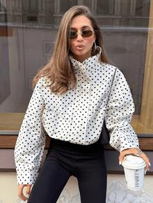 GDDYIN 女士秋季新款抽绳拉链波点立领休闲学院风外套 白色 春季 - 白色 - 查看 1