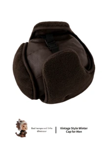 1pc Men's PU Leather Lambs Wool Lined Trapper Hat, Unisex Winter Thick Warm Ear Protection Cap For Outdoor, Cycling, Skiing, Aviator Hat