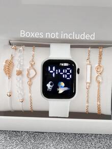 6 Stück/Set 1 Stück neue LED Digital Anzeige Quadratische Elektronische Uhr + 5/4 Stück Armband Schwarzes Seil Schwarze Perle Liebe Ziffer 8 Blatt Armband Vintage Stil Schwarzes Geometrisches Quadrat 5 Stück Armband Horoskop, Liebe, Geometrisches Quadrat, Blatt Armband Die beste Wahl für Halloween, Weihnachten, Valentinstag, Muttertag, Feiertagsgeschenke