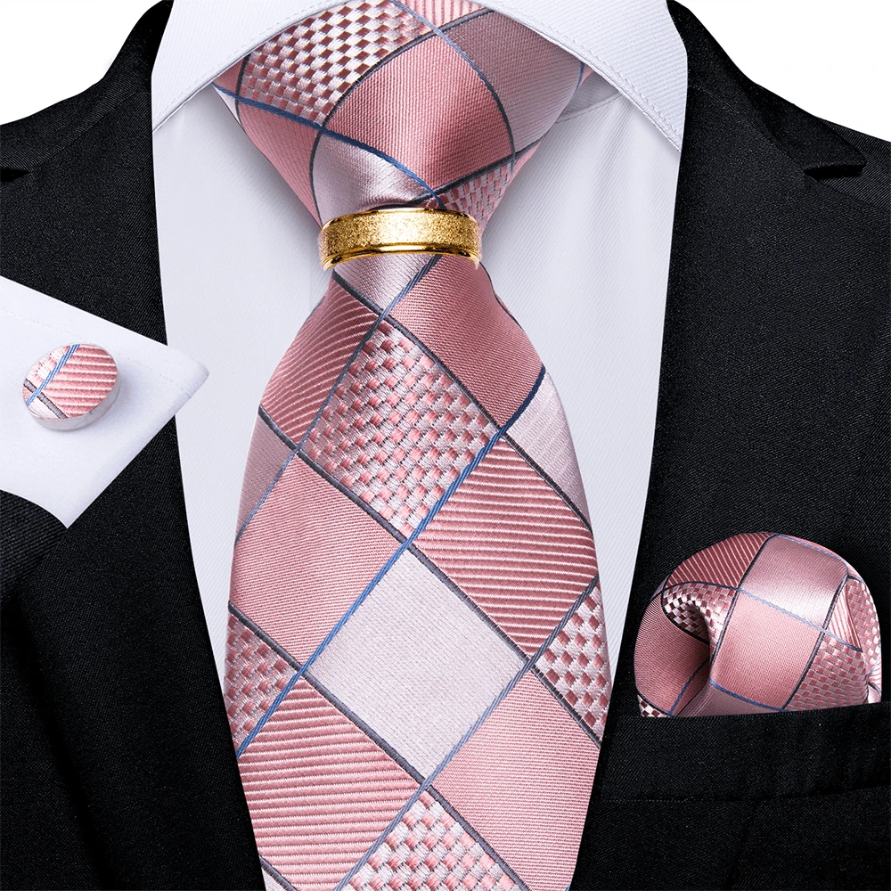4pcs Mens Tie Pink Grid Necktie Pocket Square Cufflinks Ring Set Wedding Formal Casual Office - 粉色 - 查看 1
