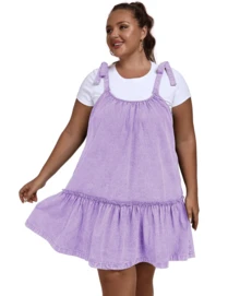 GS SNOWING Women Denim Cami Dress Tie Shoulder Ruffle Hem Short Dresses Babydoll Wash Jean Sundress With Pocket - 紫色 - 查看 2