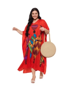 Gypsie Blu Women Plus Size Kaftan Loungewear Housedress Beach Caftan Cover Up Long Maxi Dress - 紅色 - 查看 6