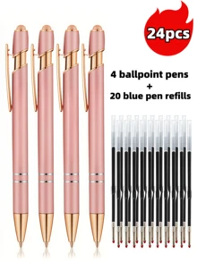 21-56 Stück/Set Metall Kugelschreiber mit einziehbarer Spitze und Touchscreen-Stylus - Reibungsloser Schreibfluss, rutschfester Griff, kompatibel mit verschiedenen Geräten, inklusive schwarzer Tintenpatrone, geeignet für den täglichen Gebrauch