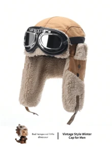 1pc Men's Goggles & Earflap Hat, Thick Windproof Outdoor Ski Hat, Warm Versatile Cold Weather Cap, Loose Fit