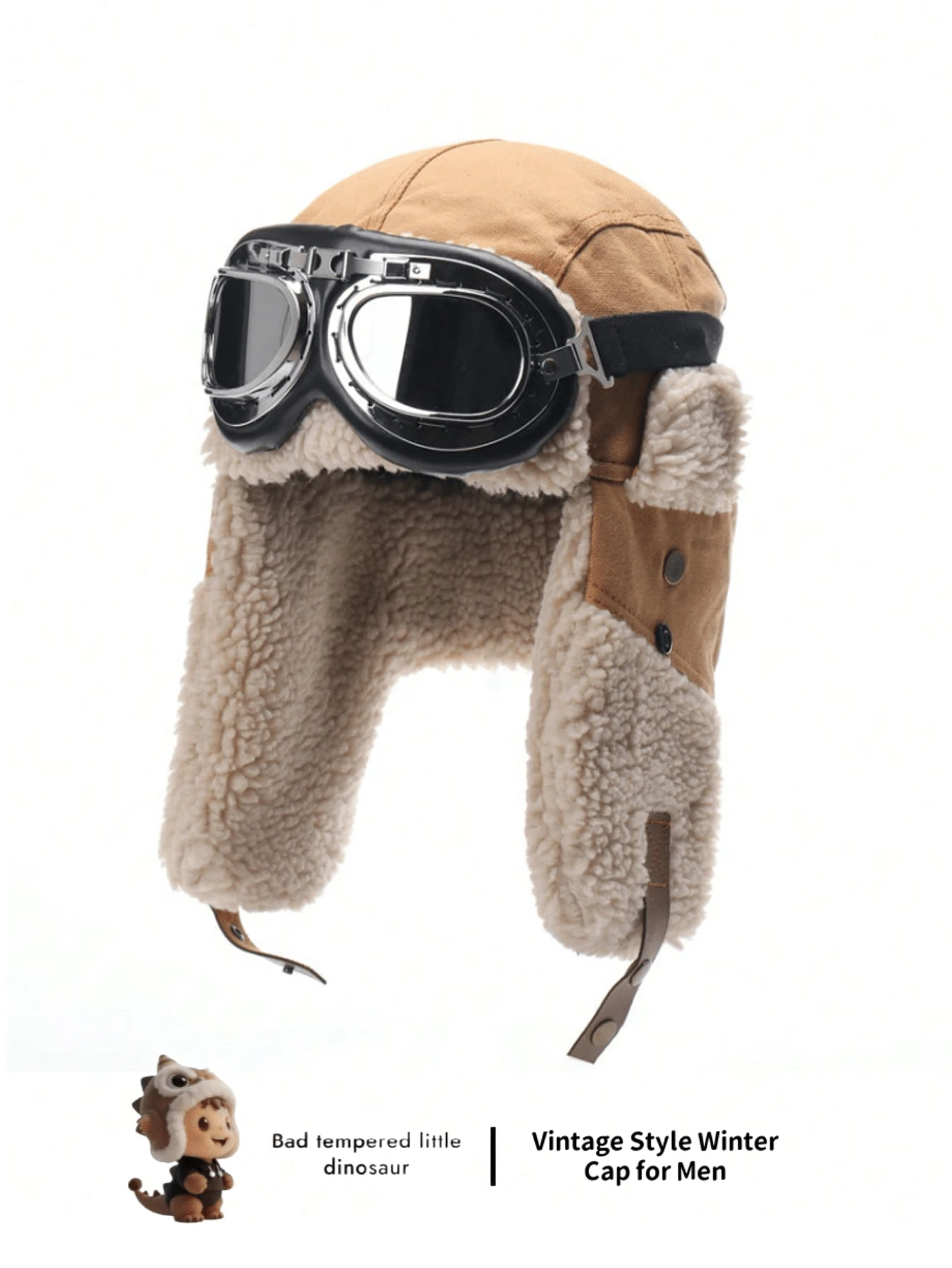 1pc Men's Goggles & Earflap Hat, Thick Windproof Outdoor Ski Hat, Warm Versatile Cold Weather Cap, Loose Fit