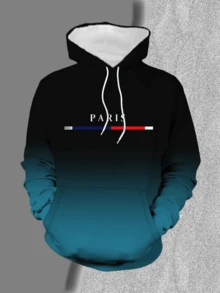 [2-Piece Set] Lightweight Polyester Men's Casual Sports Hooded Sweatshirt Set(Runs Small, Please Refer To Size Chart), Long-Sleeved Hooded Sweatshirt With Drawstring Trousers, Jogging Suit, Overall Black And Blue Gradient Color Matching, Paris Letter Print Design, Regular Version, Knitted Fabric, Suitable For Outdoor, Daily Life, And Gym(Minor Imperfections May Occur | Photo For Compensation) - 彩色 - 查看 4